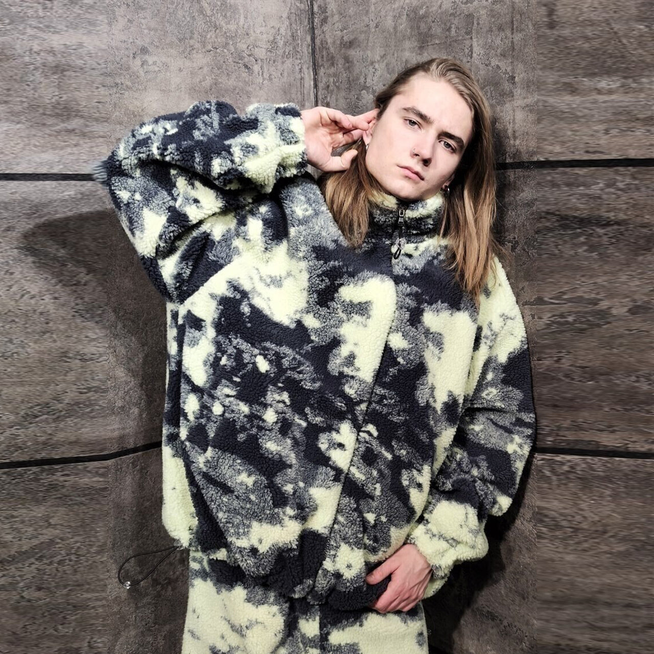 Tie-dye fleece bomber handmade camo sports jacket in green