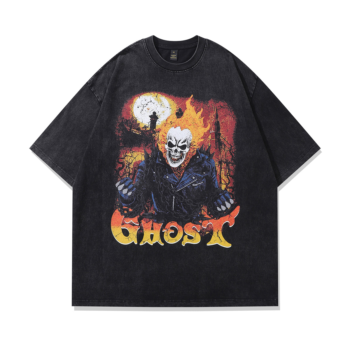 Biker t-shirt ghost slogan tee skeleton print top in vintage grey