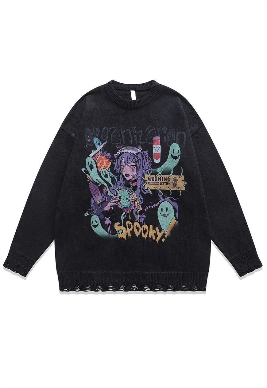 Anime sweater spooky jumper ripped knitted Kawaii top black