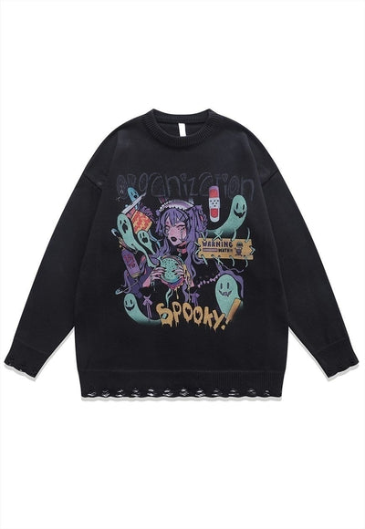 Anime sweater spooky jumper ripped knitted Kawaii top black