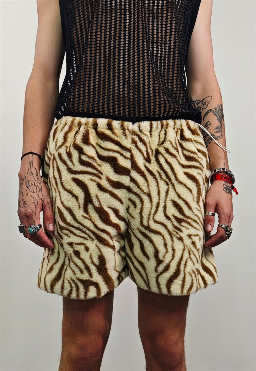 Zebra shorts brown cropped fleece animal print skater pants