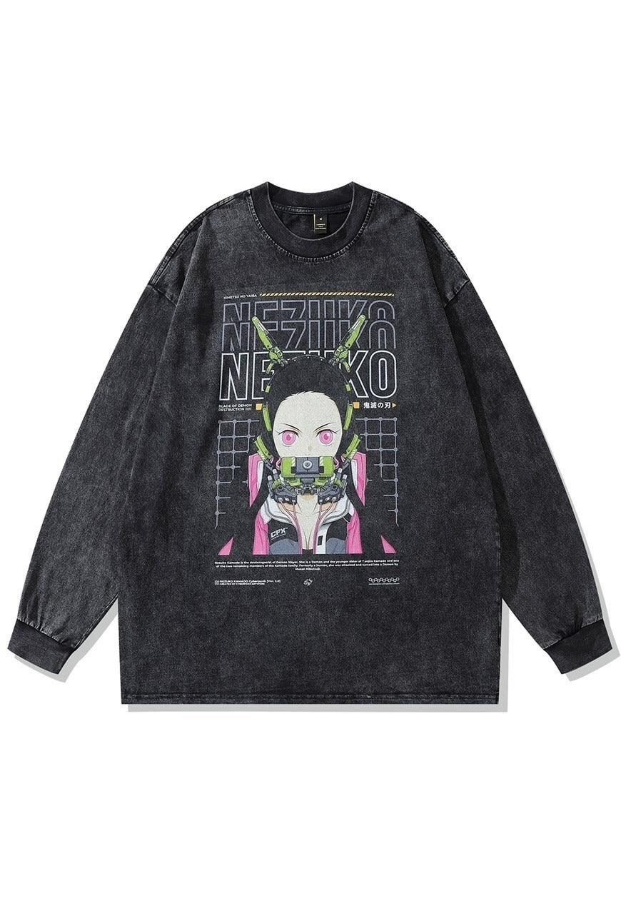 Nezuko t-shirt old anime long tee retro japanese top in grey