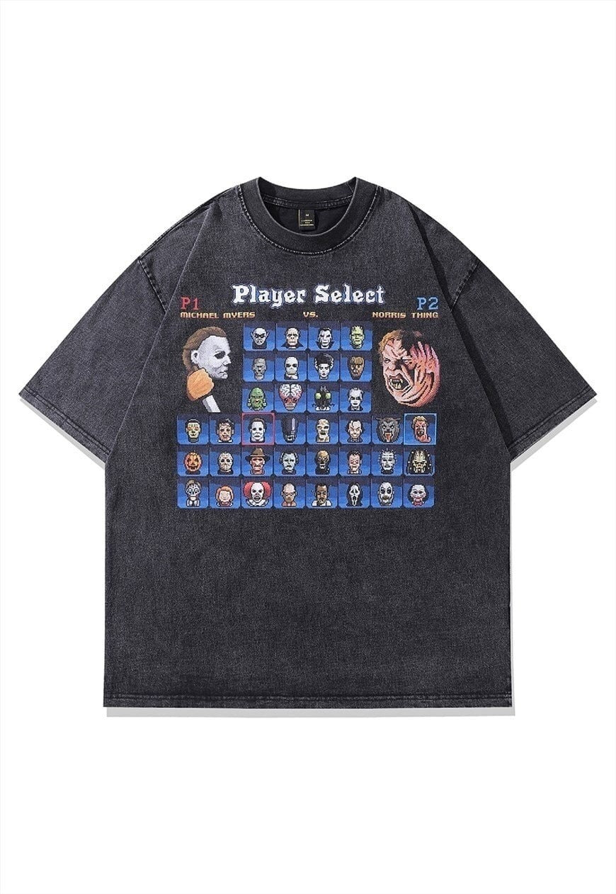 Horror movie t-shirt Halloween tee retro game top in grey