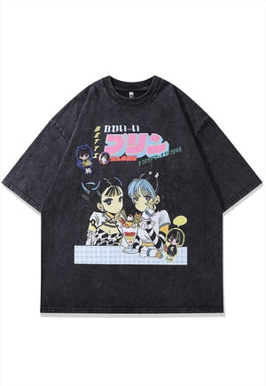 Anime t-shirt Japanese cartoon tee vintage wash top in grey