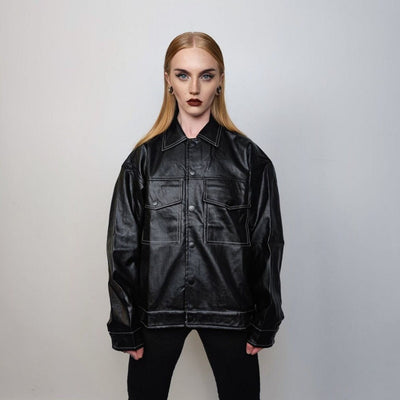 Faux leather biker jacket button up 80s PU aviator retro rubber bomber rocker coat grunge varsity going out utility jacket in black