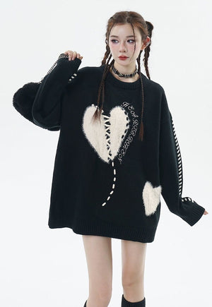 Heart patch sweater fleece jumper retro love top in black