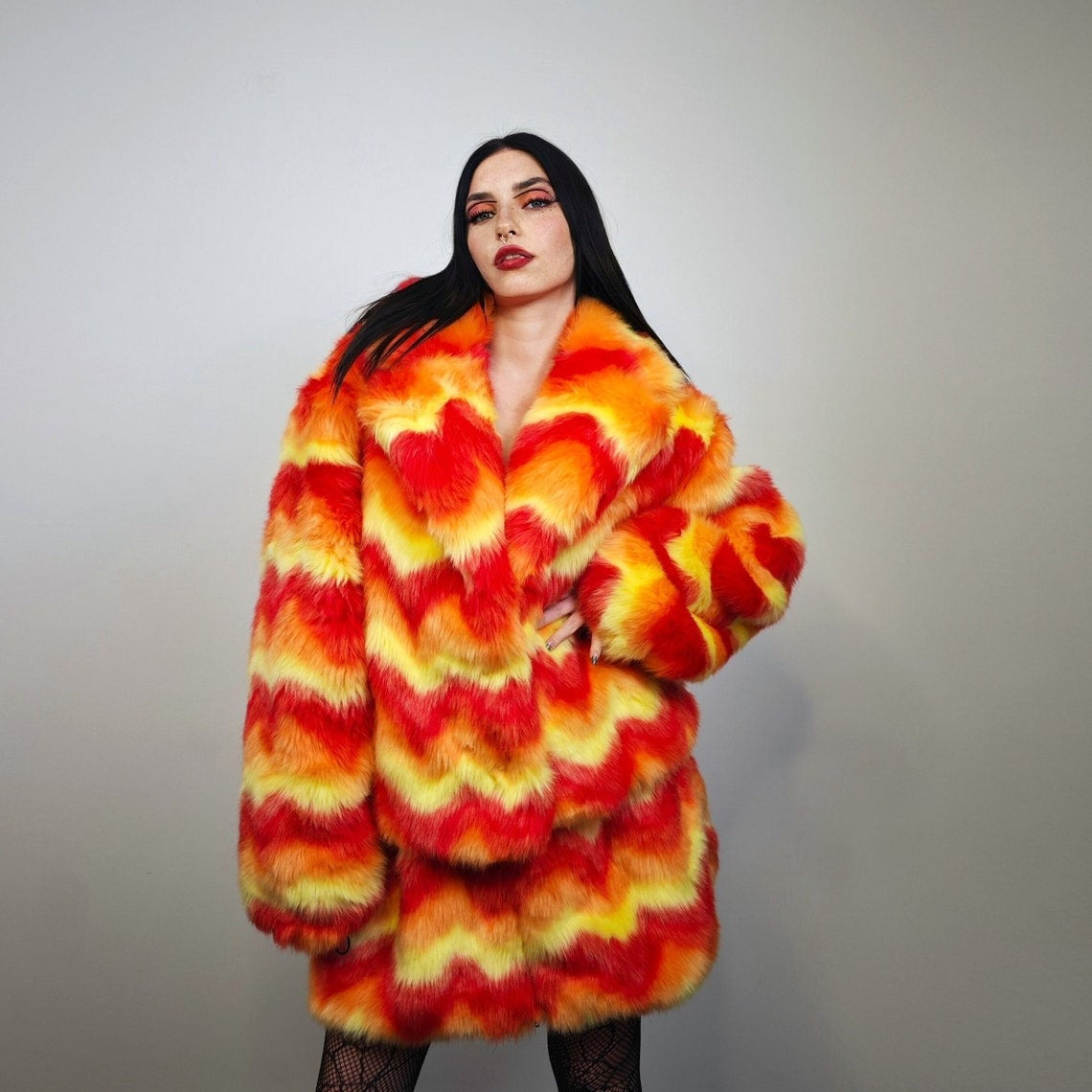 Psychedelic orange coat faux fur geometric cropped bomber fluffy carnival fleece detachable sleeves festival jacket short flame overcoat