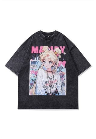 Anime print t-shirt  retro Japanese top grey