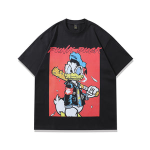 Punk cartoon t-shirt duck print tee retro American top in vintage grey