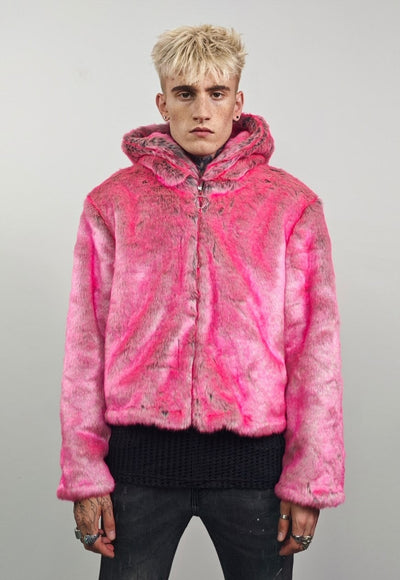 Pink faux fur jacket hooded fluffy bomber fuzzy cropped coat