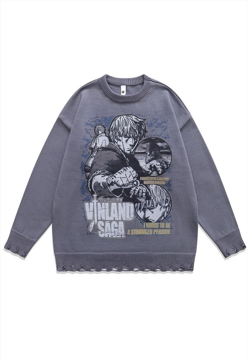 Vinland Saga sweater anime knit distressed Manga jumper grey