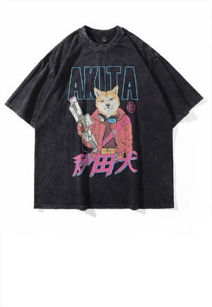 Akita print t-shirt punk dog tee retro animal top acid grey