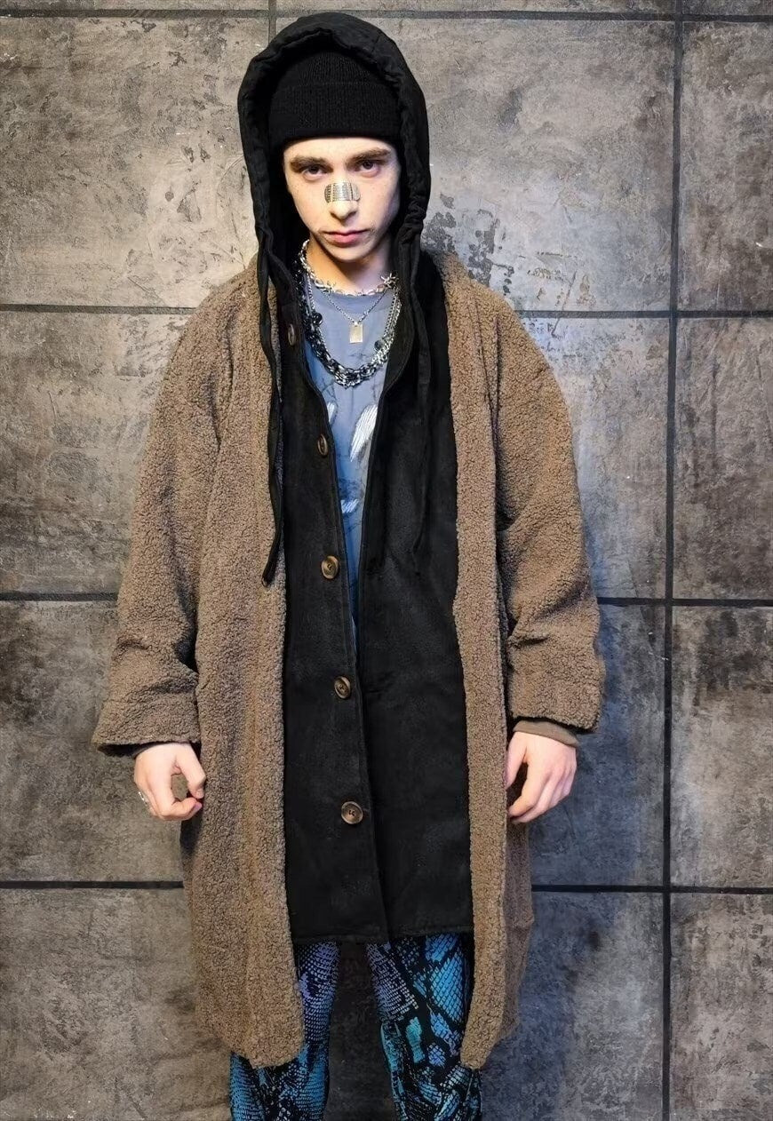 Double layer fleece jacket retro hooded bomber black brown