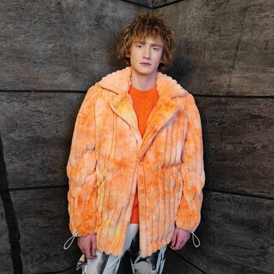 Tie-dye fleece coat handmade 2in1 hood trench jacket orange