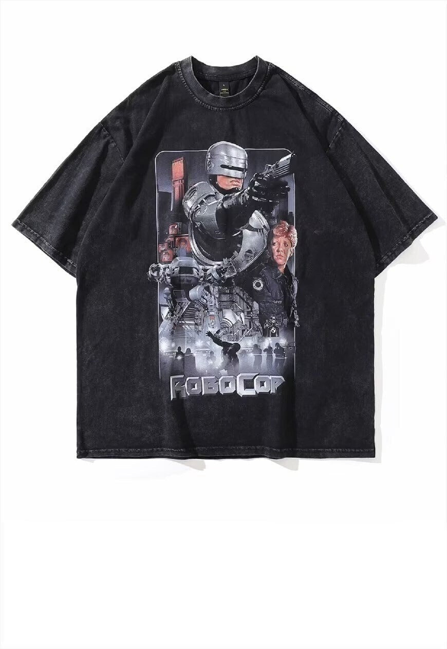 Robocop print t-shirt grunge robot tee retro movie top grey