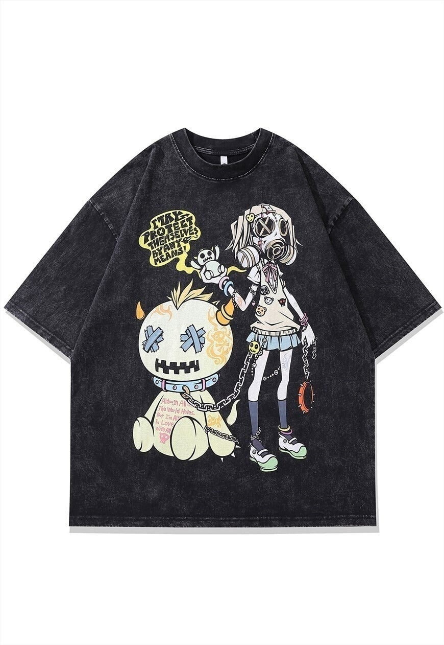 Anime t-shirt Japanese cartoon tee vintage wash top in grey