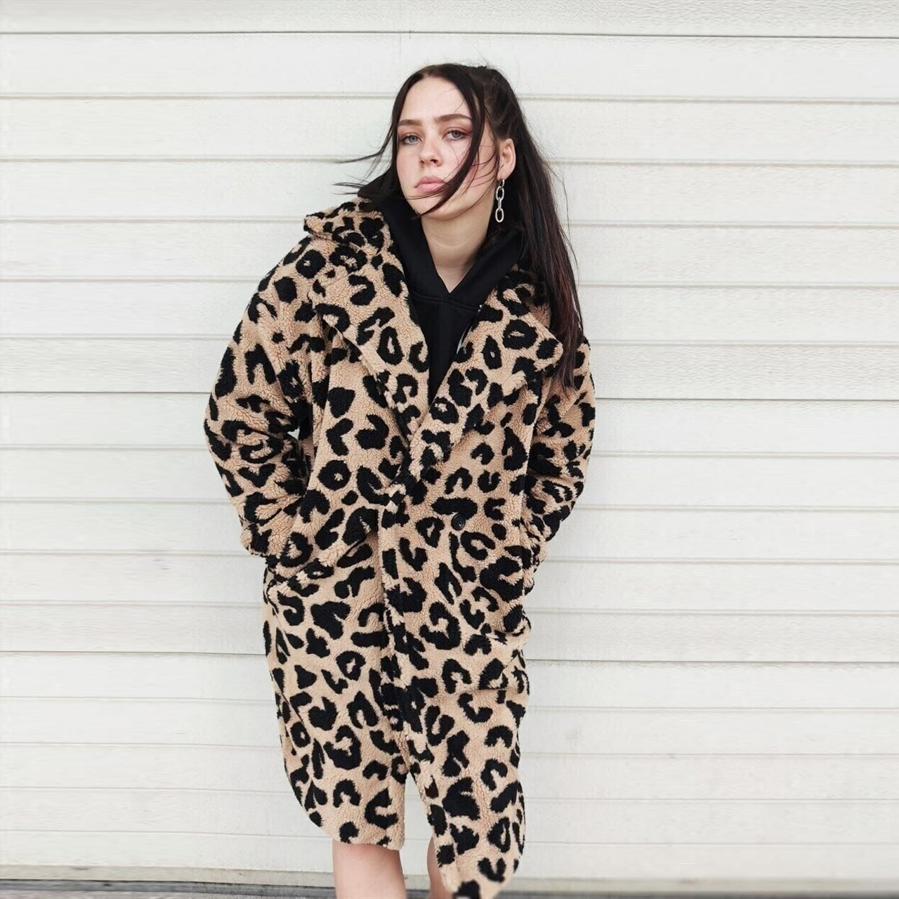 Leopard fleece coat in brown faux fur animal print jacket