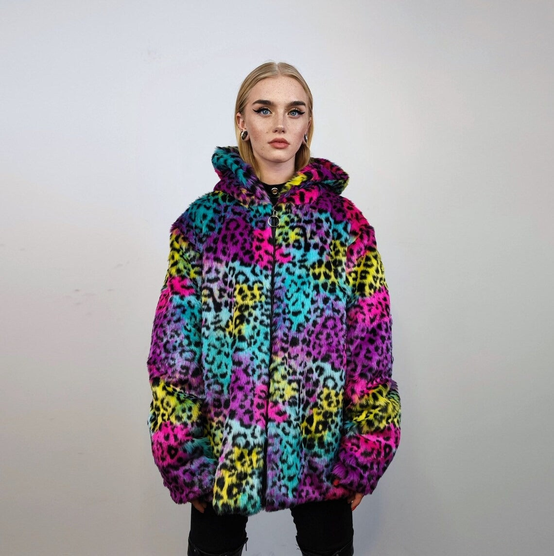 Tiedye hooded faux fur jacket leopard coat rainbow trench animal print bomber fuzzy cheetah fleece festival puffer burning man overcoat pink