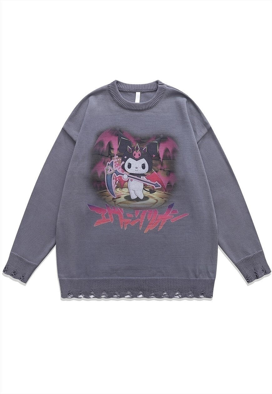 Anime sweater Manga knit distressed Japanese jumper in grey