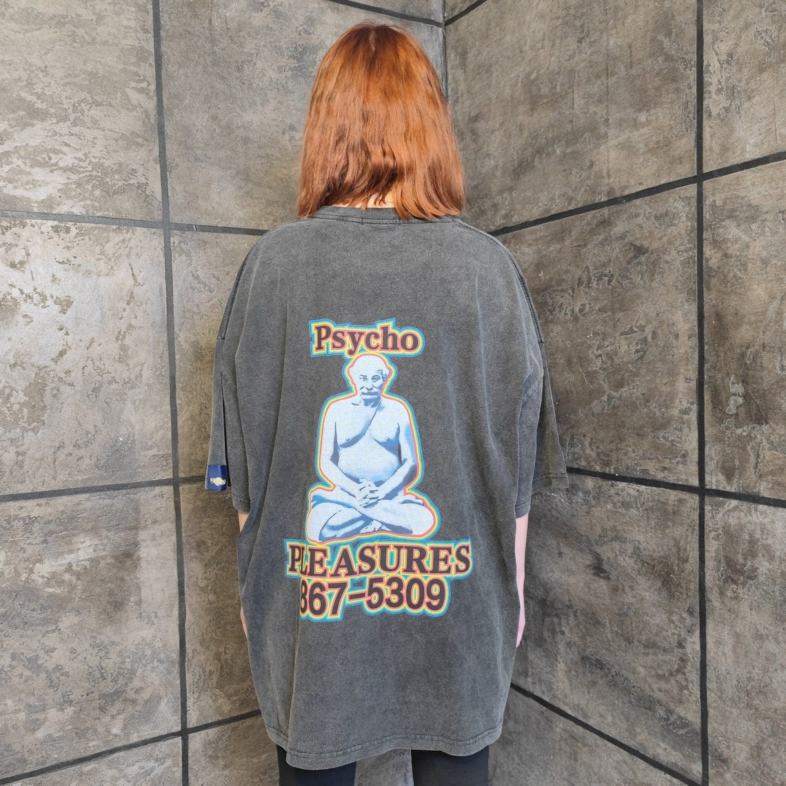 Psycho t-shirt premium vintage wash grunge tee pleasures slogan top Buddha jumper in acid grey