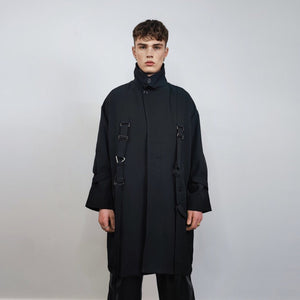 Utility buckle coat grunge bondage jacket strap attachment mac Gothic trench jacket catwalk bomber lapel smart overcoat in black