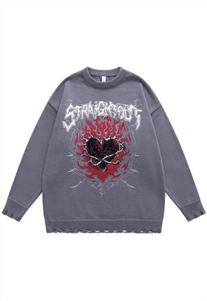 Gothic sweater ripped jumper heart print knitted top in grey