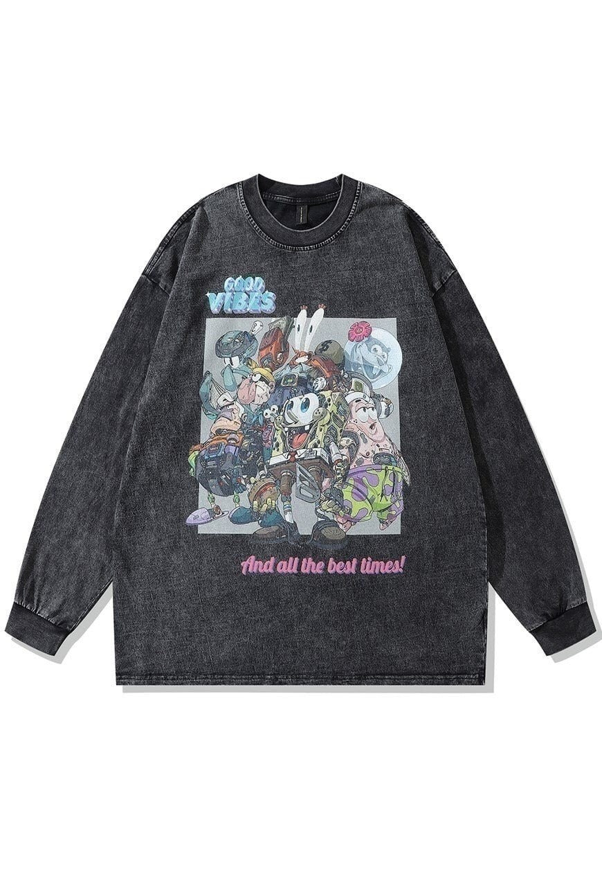 Sponge Bob t-shirt grunge cartoon long tee retro top in grey