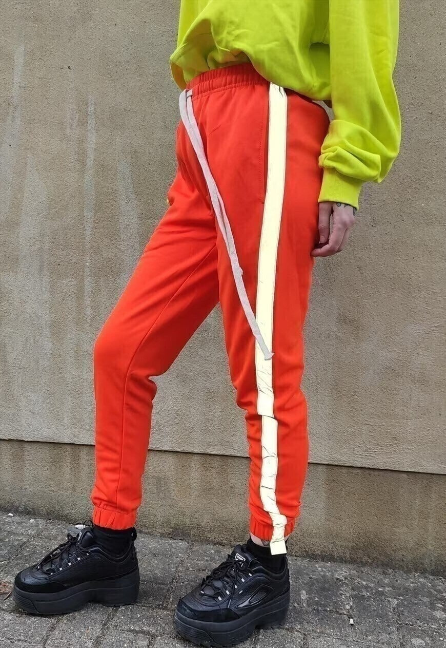 Slim fit reflective stripe joggers long lace pants in orange