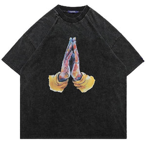 Praying hands t-shirt vintage wash religion top rapper tee