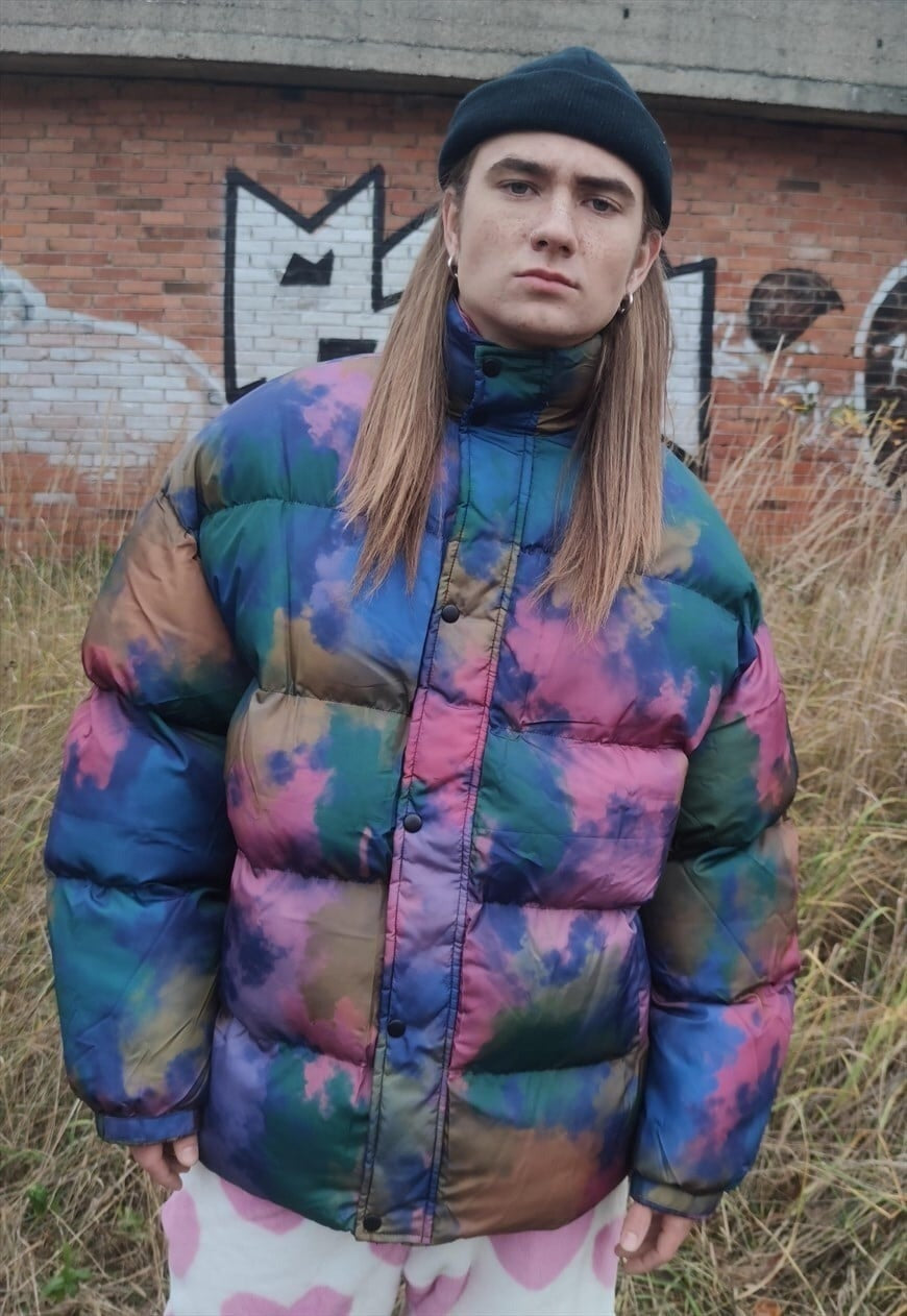 Tie-dye bomber paint splatter puffer quilted jacket purple