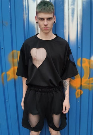 Heart cutout tee handmade transparent mesh t-shirt black