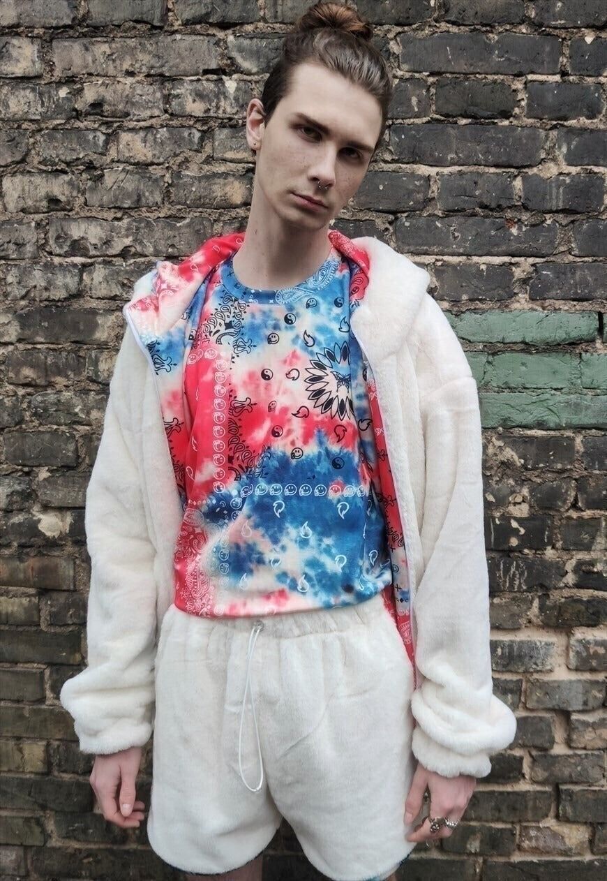 Soft fleece shorts handmade fluff cropped overalls in cream