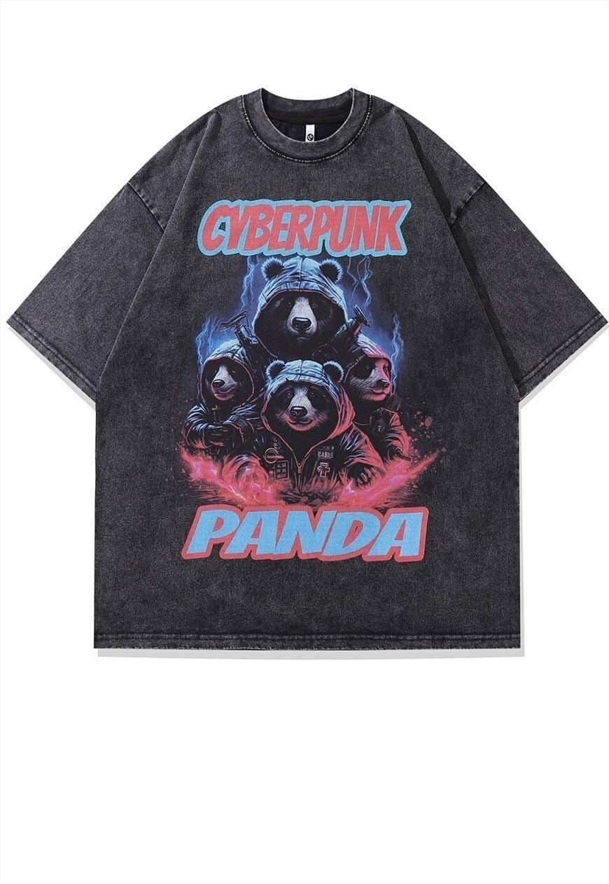 Cyberpunk t-shirt Space Panda print tee in vintage grey