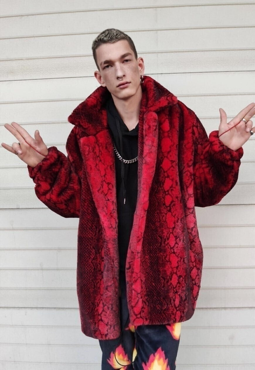 Luxury faux fur snake coat python print bomber handmade detachable fluffy jacket fleece puffer premium grunge trench in red black