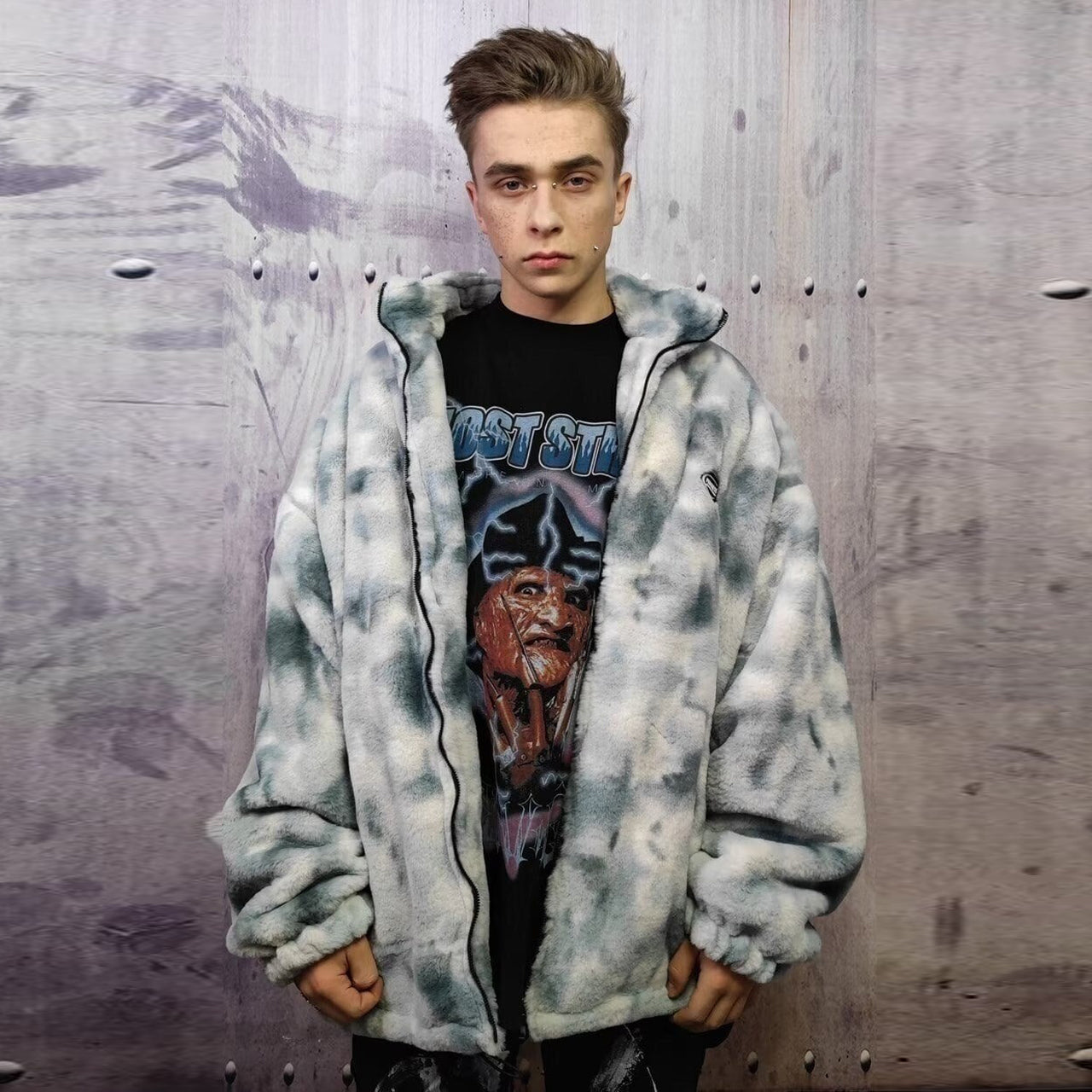 Tie-dye fleece jacket in blue gradient sky print bomber