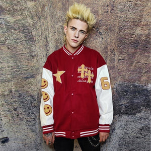 Emoji patch varsity jacket college baseball bomber in red