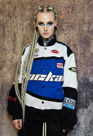 Motorcycle jacket multi patch padded racing bomber in blue