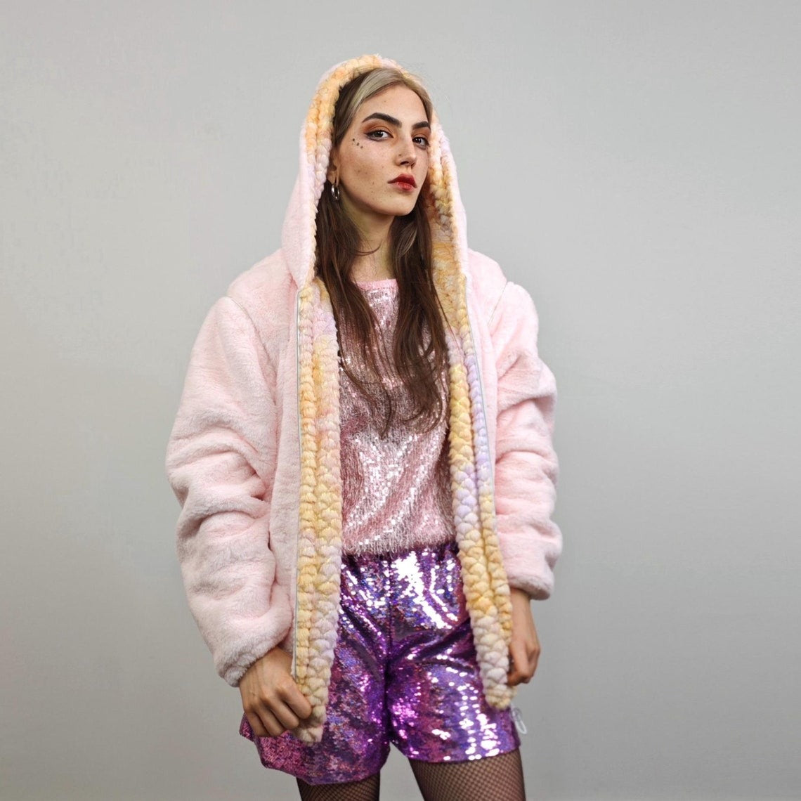 Pastel pink fleece jacket reversible mermaid hood faux fur bomber retro geometric coat burning man overcoat fluffy golden rave festival set