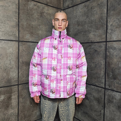 Pink tartan bomber doll print reversible jacket removable sleeves puffer check varsity high neck punk anarchy tracksuit handmade plaid coat