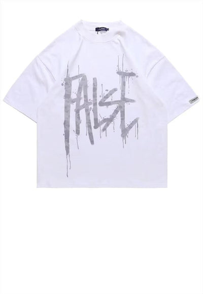 Paint splatter print t-shirt false slogan retro tee in white