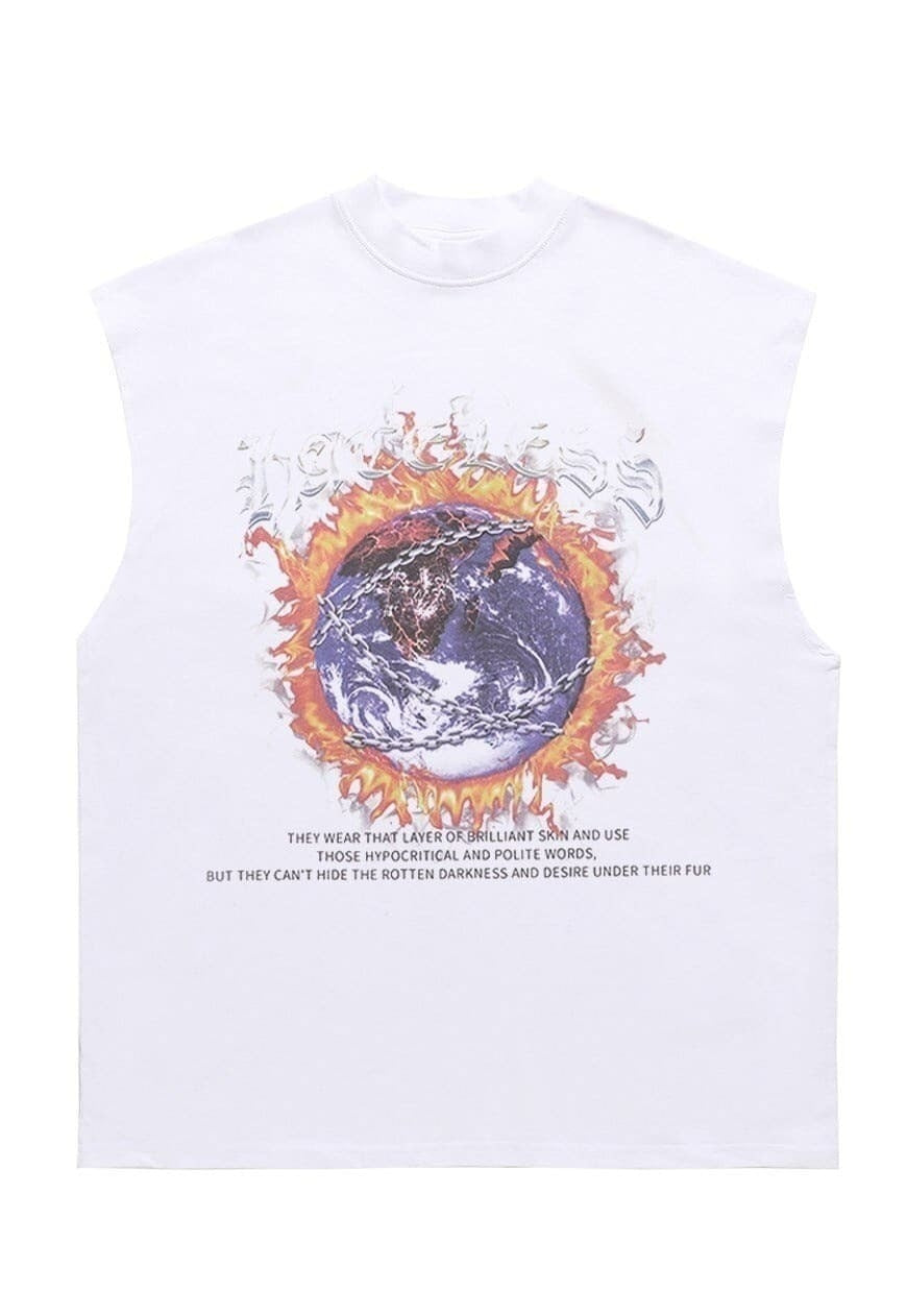 Earth print sleeveless t-shirt retro tank top surfer vest