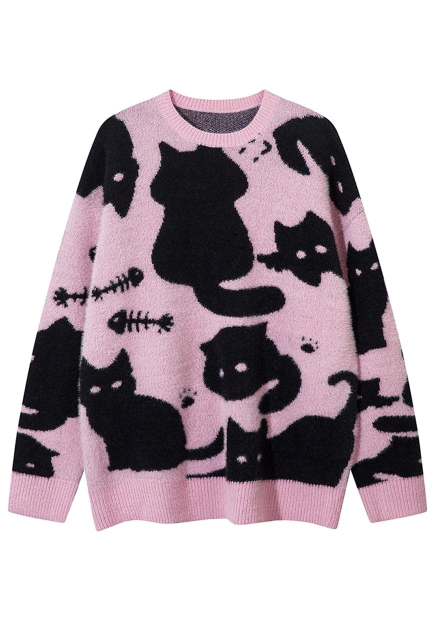 Black cat print sweater cream knitted Gothic top punk jumper