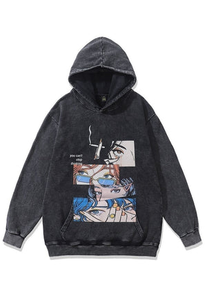 Smoke print hoodie anime pullover Japanese cartoon top grey