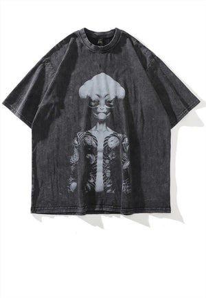 Alien t-shirt grunge UFO print tee Anime top in acid grey