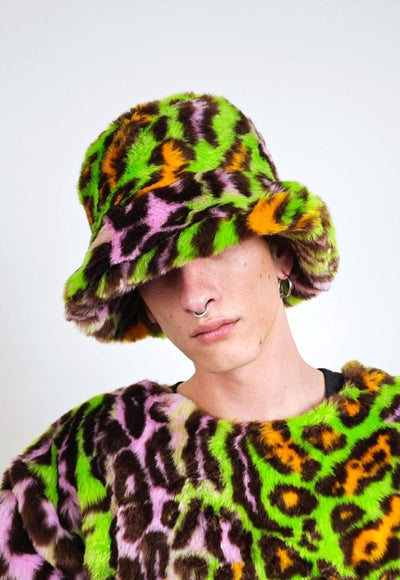 Leopard faux fur bucket green neon animal print festival cap