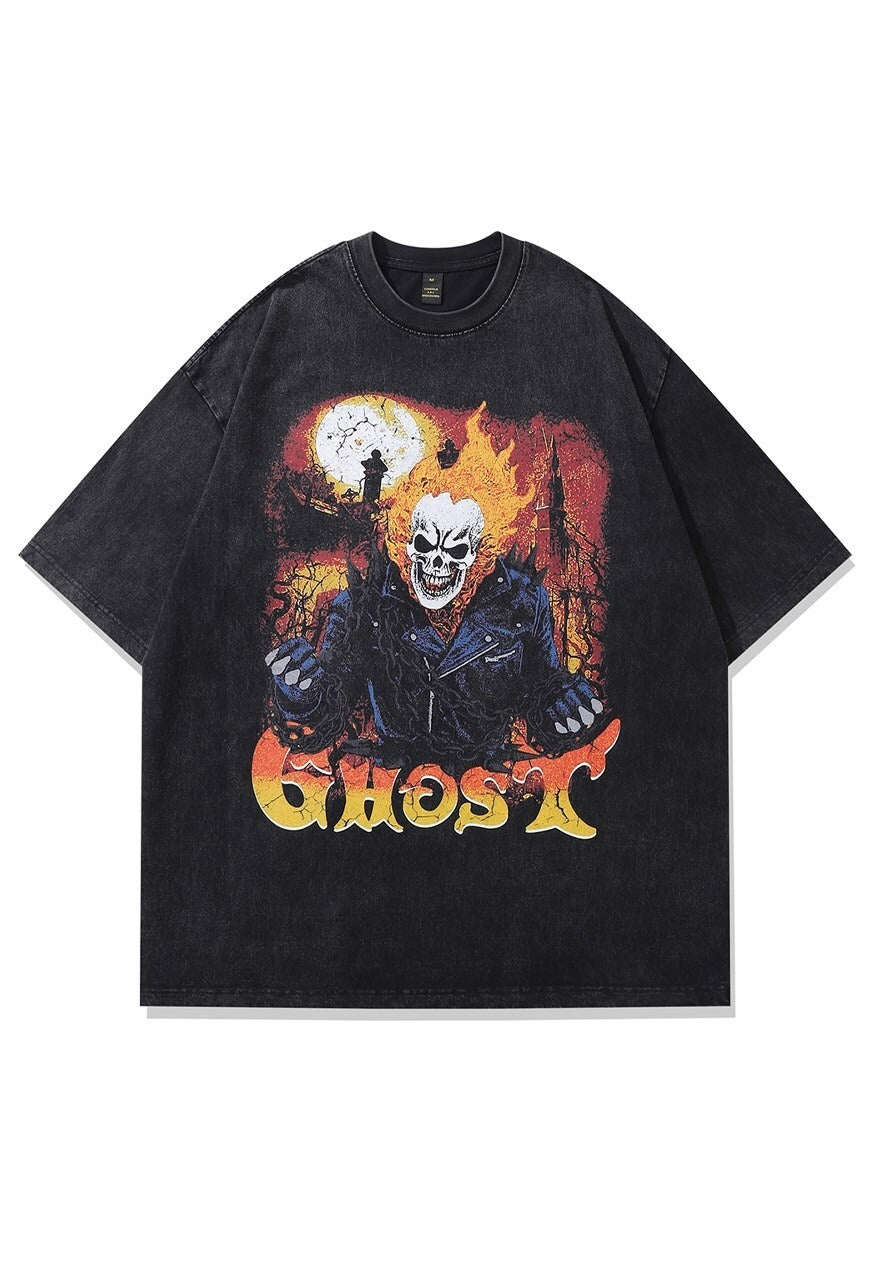 Biker t-shirt skeleton print tee metalcore top vintage grey