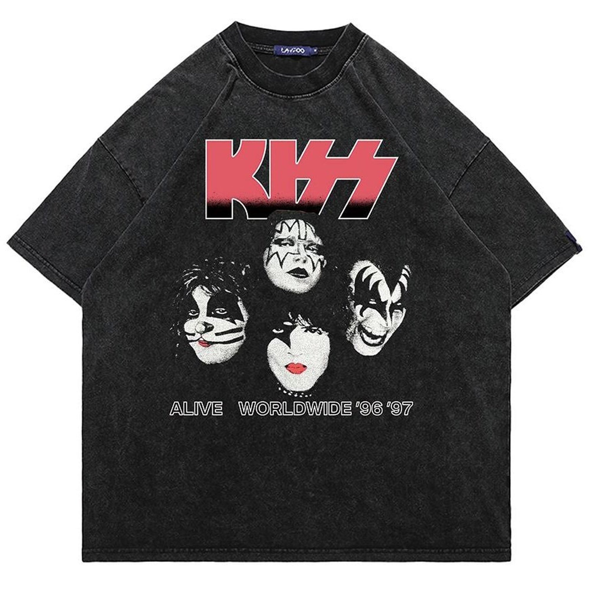 Vintage Kiss band t-shirt vintage wash retro rocker tee punk top metalcore jumper punk pullover in acid grey