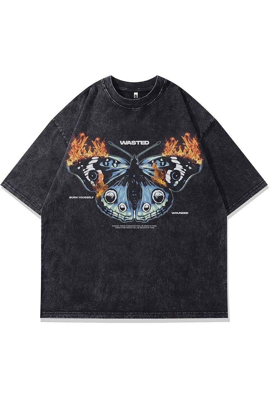 Butterfly t-shirt flame print tee retro grunge punk top grey