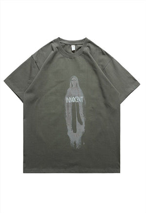 Innocent slogan t-shirt Virgin Mary tee saint print top grey