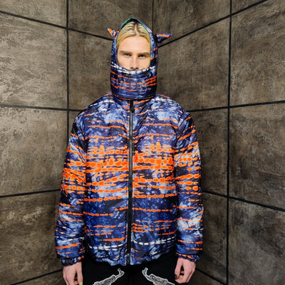 Tie-dye bomber handmade detachable graffiti puffer devil horn jacket abstract gradient print reversible coat in blue orange